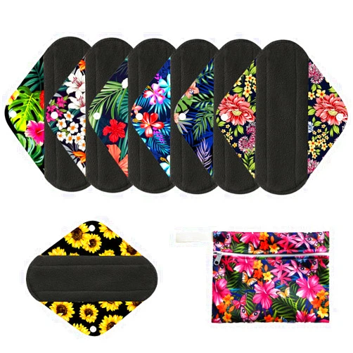 MissC2C 7pcs/Set Reusable Menstrual Pads Including 1pc Mini Wet Bag +6pcs Bamboo Charcoal Cloth Menstrual Incontinence Pads/Reusable Sanitary/Mama Panty Liners (All Randomly Prints)