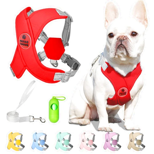 Patas Lague Dog Harness with Leash Set Adjustable Soft Padded Step-in Dog Vest No Choke No Pull Reflective for Small Medium Dogs with Poop Bags and Dispenser, Solid and No-chew, Red M