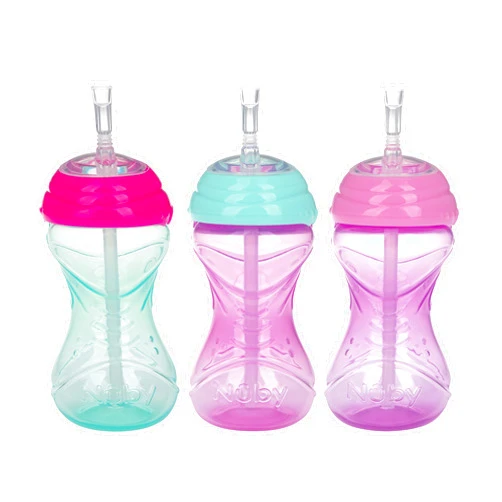 Nuby 3 Piece No-Spill Easy Grip Cup with Flex Straw, Clik It Lock Feature, Girl, 10 Ounce