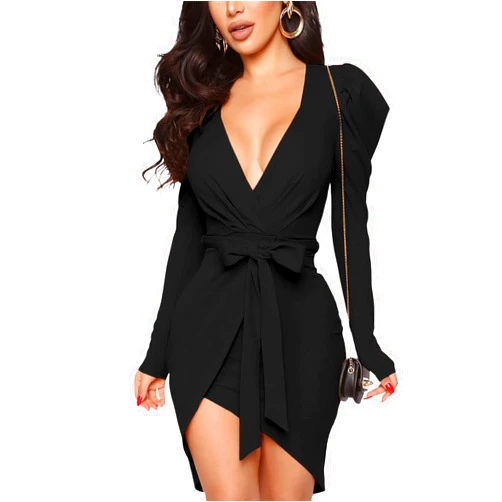 Rooscier Women's Wrap Deep V Neck Puff Long Sleeve Belted Sexy Club Bodycon Mini Dress