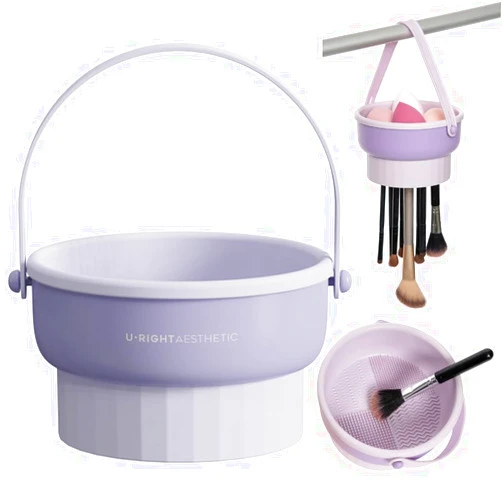 Teamoo Makeup Brush Cleaner Solution 3 in 1 Silicone Make Up Brush Cleaner with Holder for Storage and Dry Hanging Makeup Brush Cleaning Bowl Makeup Brush Cleaner Mat with 4 Kinds of Screw (Purple)