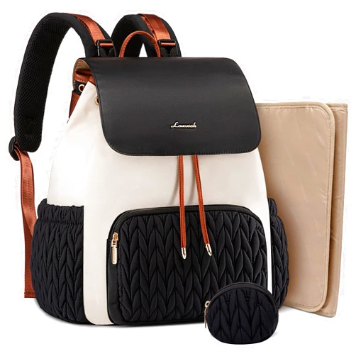 LOVEVOOK Diaper Bag Backpack, Small Baby Bag, Cute Baby Diaper Bag, Stylish Water-Resistant Travel Baby Bag for Mom, Baby Backpack with Changing Pad, Stroller Straps -Black Beige