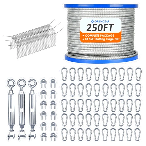 ORIENGEAR Batting Cage Netting Wire Kit for Baseball and Softball Included Galvanized Cable and Hook Set, Batting Cage Suspension Net Kits for Hitting Tunnels DIY, 55FT/70FT