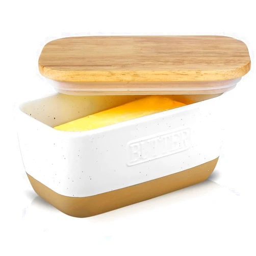 HVH Ceramic Butter Dish with Lid for Countertop, Airtight Butter Keeper with Wooden Lid, Butter Dishes with Covers, Ceramic Butter Container, for East West Coast Butter, Farmhouse Style (White)