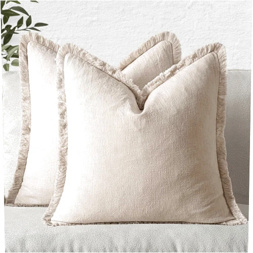 MIULEE Decorative Throw Pillow Covers Neutral Linen Fringe Throw Pillows Set of 2 Natural Beige Boho Farmhouse Cushion Covers with Tassels for Couch Sofa Bed Living Room Spring Home Decor 18x18 Inch