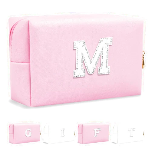 ChaoGreat Personalized Birthday Gifts Initial Letter Makeup Bag for Women,Pearl Rhinestone Patch Cosmetic Bag Toiletry Bag,Pink Cute Preppy Pencil Pouch,Monogram Christmas Gift for Teen Girls Mom Friend Wife,M