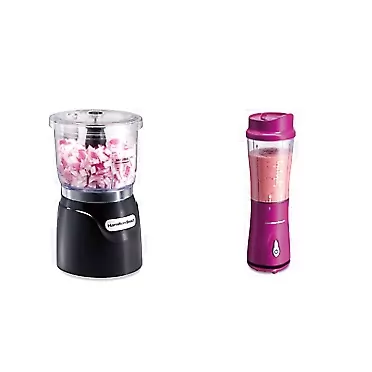 Hamilton Beach Electric Vegetable Chopper & Mini Food Processor, 3-Cup, 350 Watts, for Dicing, Mincing, and Puree, Black (72850) & Shakes and Smoothies with BPA-Free Personal Blender, 14 oz, Raspberry