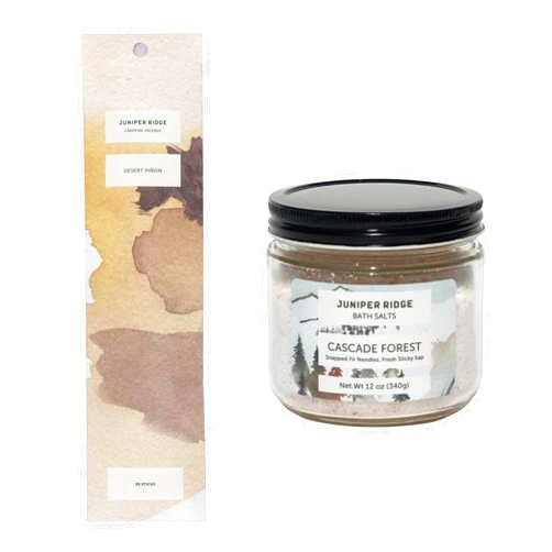 JUNIPER RIDGE - Desert Pinon Campfire Incense Sticks (20 Count) & Cascade Forest Bath Salts (12 oz)