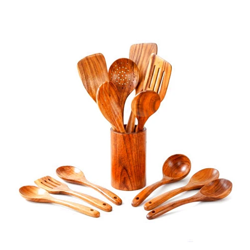 Lumiara Store Natural Teak Wooden Utensils for Cooking, 9-Piece Handmade Wood Spatula and Spoon Set with Holder & Spoon Rest, Non-Stick Cookware Friendly, Durable Eco-Friendly Kitchen Tool Set