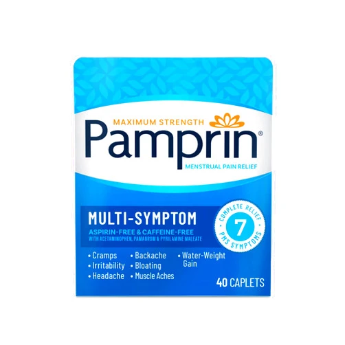 Pamprin Multi-Symptom Formula, with Acetaminophen, Menstrual Period Symptoms Relief including Cramps, Pain, and Bloating, 40 Caplets