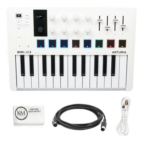 Arturia MiniLab 3 Compact MIDI Keyboard and Pad Controller | White Bundle with 6ft MIDI Cable + Microfiber Cleaning Cloth (3 Item)