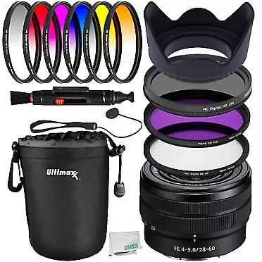 SSE Sony FE 28-60mm f/4-5.6 Lens with Essential Filter Accessory Bundle: Water Resistant Lens Pouch, 3PC Multi-Coated Digital HD UV Filter Kit, 6PC Gradual Color Filter Kit & More
