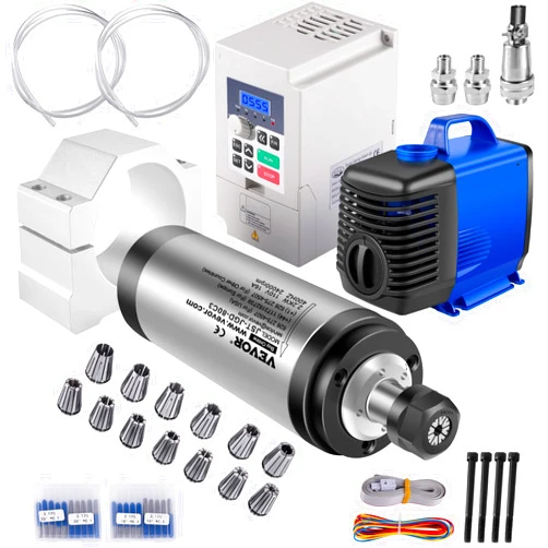 VEVOR VFD CNC Spindle Motor Kits 110V CNC Spindle Motor Kits 2.2KW Water Cooled Spindle Motor 400HZ 24000RPM VFD 3HP Water Pump 80W Water Pipe 6m&13pcs Collet CNC Kit&20pcs Mill Bits for CNC Engraver