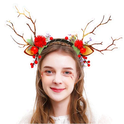 GENBREE Christmas Headbands LED Light Up Reindeer Antlers Hair Hoops Flower Berries Hair Band Glowing Hair Accessories for Christmas Party Costume
