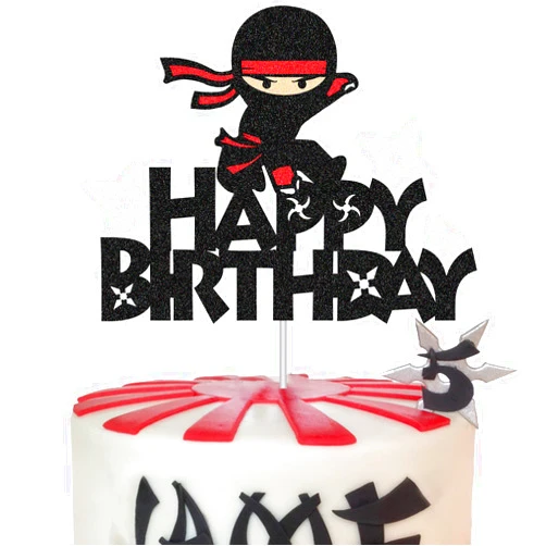 CODOMOR Ninja Birthday Cake Topper, Double Sided Glitter Happy Birthday Cake Topper for Video Game Theme Party Decor, Boys Birthday Party Decorations Supplies