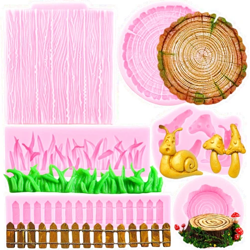 Mujiang Green Grass Wood Grain Garden Picket Fence Fondant Molds Tree Stump Mushroom Snail Chocolate Silicone Mold For Cake Decoration Cupcake Topper Polymer Clay Candy Gum Paste Set Of 6