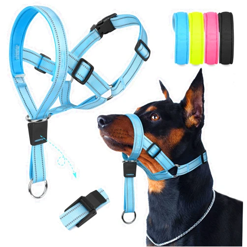 Weesiber No-Pull Dog Headcollar - Adjustable Dog Head Harness, Padded No Pull Head Halter Collar with Reflective Safety Strip for Training and Walking (Blue, Large)