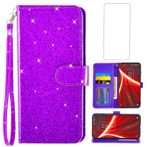 Asuwish Phone Case for TCL 10 5G UW Verizon with Tempered Glass Screen Protector and Glitter Wallet Cover Card Holder Slot Stand Accessories Flip TCL105GUW TLC 105GUW G5 5GUW T790S Women Men Purple