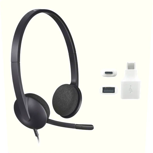 Logitech Headset USB H340, Stereo, USB Headset with Mic for Windows and Mac - Black, Includes USB A to Type C Adapter, Works W/iPhone 15, & Type C Devices, Bulk Packaging