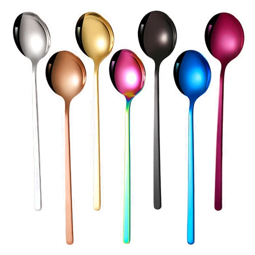 OFIDUS 7 Colors Stainless Steel Spoon Set - 7.8 Inch Round Long Handle Spoon, Sturdy Durable Soup Spoons, Easy to Grasp and Clean Colorful Table Spoon Set Suitable for Home, Travel, Camping (7 Pieces)