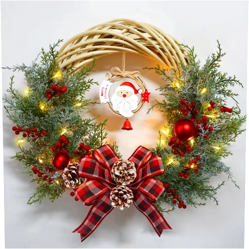Forealtou 21in Lit Christmas Wreath Artificial with Warm String Lights,8 Mold 40LED Santa Claus Evergreen Wreath Battery Operated,Christmas Wreath Decoration for Door Porch Fireplace Window