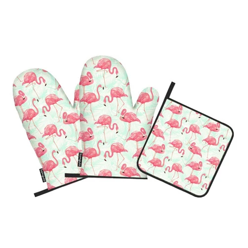 Samgula Pink Flamingo Oven Mitts and Pot Holders Sets Palm Leaves Tropical Animal Heat Resistant 3pcs for Cooking Baking BBQ