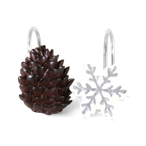 Popkozzi Christmas Snowflake & Pine Cones Shower Curtain Hooks - Festive Winter Holiday Decorative Bathroom Accessories Rustproof Stainless Steel Rings for Lodge Cabin Western & Woodland Themed Decor