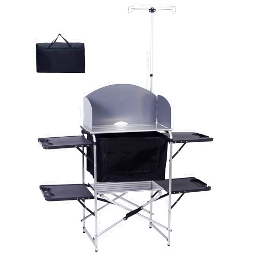 CDEN Camping Kitchen Station, Camping Table, Picnic Table with Cabinet Storage, Beach Table with Cabinet Storage, 4 Side-Table, Windshield and Light Stand, outdoor(Black)