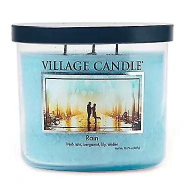 Village Candle Rain Medium Bowl Three Wick Candle, 14 Net Ounces , Blue