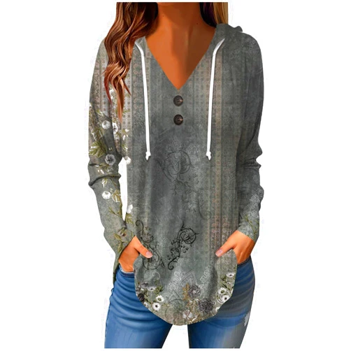 GOFULY Oversized Hoodie Woman Winter Casual Slimming Shirts Vneck Long Sleeve Tops Fall Ethnic Floral Button Tunic Sweatshirt