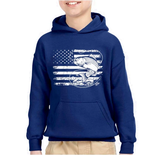 FerociTees Kids Unisex Patriotic Bass Fishing American Flag Fisherman Hoodie