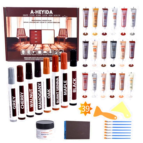 A-HEYIDA Wood Floor Scratch Repair - Set of 39 - Hardwood Floor Repair Kit Wood Filler Putty, Wood Markers Furniture Repair Kit Touch Up Pens for Scratch Stain Hole, Restore Laminate Vinyl Veneer Cabinet