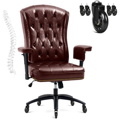 YAMASORO Executive Desk Chair Leather Office Chair with Rubber Wheels, Mid Century Modern Office Chair Ergonomic with Nailhead Trim Back Support, Brown Oli-Waxed Leather
