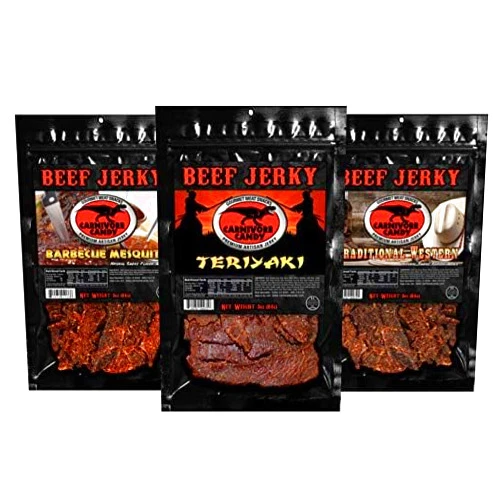 JJD USA JURASSIC JERKY’S Carnivore Candy Beef Jerky, 3 Flavors Variety Pack, Teriyaki, Barbecue Mesquite and Traditional Western, Food on the Go, Full of Protein Lunch Snack Sticks (3 Oz - 3 bags)