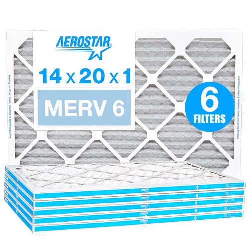 Aerostar 14x20x1 MERV 6 Pleated Air Filter, AC Furnace Air Filter, 6 Pack (Actual Size: 13 3/4