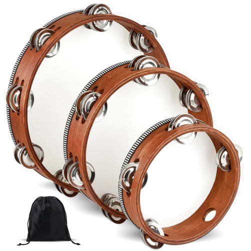 Wirmevi Tambourine, Tambourines for Adults, 3 PCS Wooden Hand Held Percussion Tambourine with Storage Bag, Tambourines Musical Instrument for Church, Wedding, Party, Dance, Photo Shoot(6+8+10 Inches)