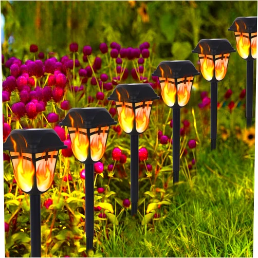 Dynaming Solar Flame Torch Lights Outdoor, 9 Pack Flickering Flame Pathway Solar Lights, Auto On/Off Garden Decorative Lights, Waterproof Landscape Lighting for Lawn Patio Yard Walkway Deck Driveway