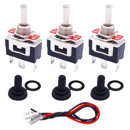 TWTADE 3Pcs Momentary Toggle Switch 3 Pins 3 Position (ON)/Off/(ON) SPDT Heavy Duty Rocker Toggle Switch 16A 250VAC Spade Terminal Metal Switch with Waterproof Boot Cap+6.3mm Wires TEN-123MZX-B123