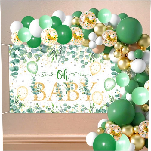 Avezano 95pcs Sage Greenery Baby Shower Party Decorations Gender Neutral Baby Shower Party Balloons Garland Arch Set, Sage Green Oh Baby Baby Shower Decor Supplies Backdrop Party Banner