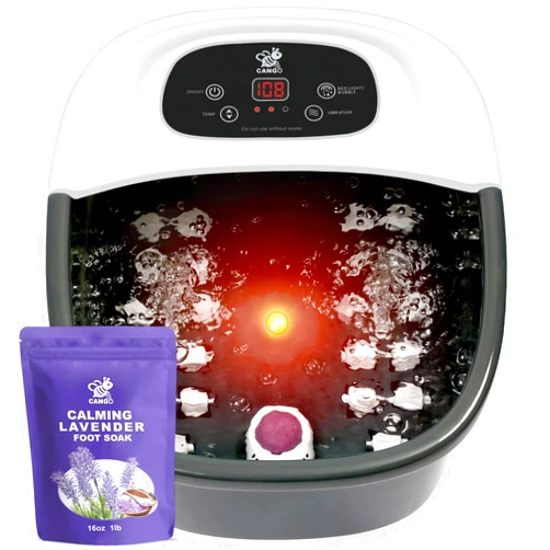 CANGO Foot Spa Bath Massager with Heat Bubbles and Vibration Massage and Jets, 16 OZ Calming Lavender Foot Soak Epsom Salt, CANGO Foot Soaker With Infrared Light, 22 Massage Rollers, Adjustable Temp - Black