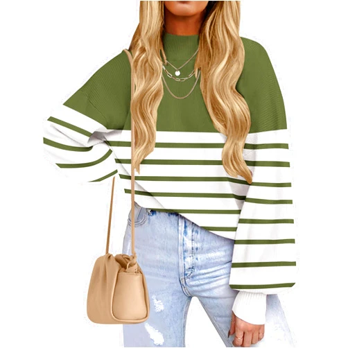 ZESICA Women's Fall Fashion Turtleneck Long Sleeve Striped Ribbed Knit Loose Pullover Sweater Tops