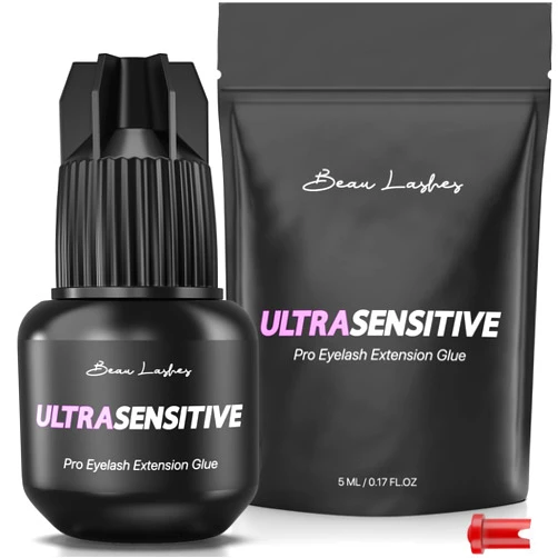 BEAU LASHES Sensitive Eyelash Extension Glue for Professionals | Low Humidity Strong Black Lash Adhesive for Long Lasting Semi Permanent Individual Lash Extensions – 3-4s Fast Drying / 6 Weeks Retention