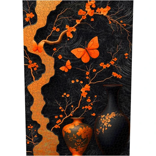 PICKFORU Flower Puzzle for Adults 1000 Pieces, Elegant Black Orange Floral Butterfly Puzzle Art，Vintage Plant Vase Challenge Jigsaw Puzzle Aesthetics