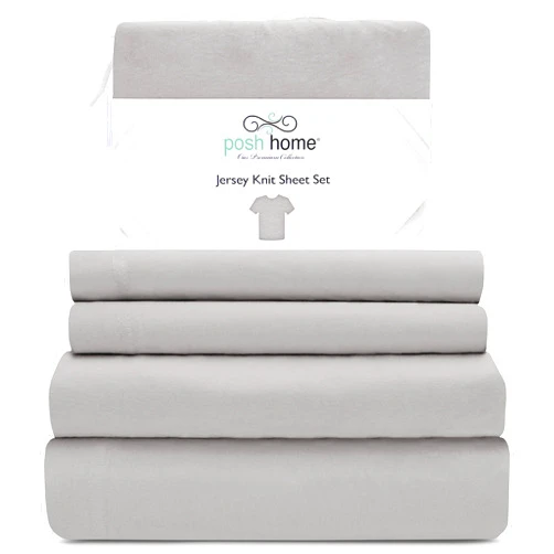 Posh Home Jersey Knit Sheet Set – 4-Piece Jersey Bed Sheets – T-Shirt Breathable & Soft Cotton Jersey Sheets - Includes Flat Sheet, Jersey Fitted Sheet, & 2 Pillowcases - Queen Sheets, Ashen Gray