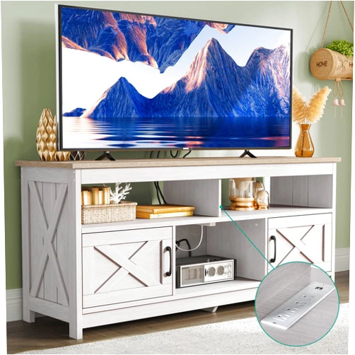 YITAHOME TV Stand for 65 60 Inch TV with Power Outlet, Farmhouse Entertainment Center with Storage Cabinets and Open Shelf, Rustic Media Console TV Cabinet for Living Room, Grey White/Grey Wash