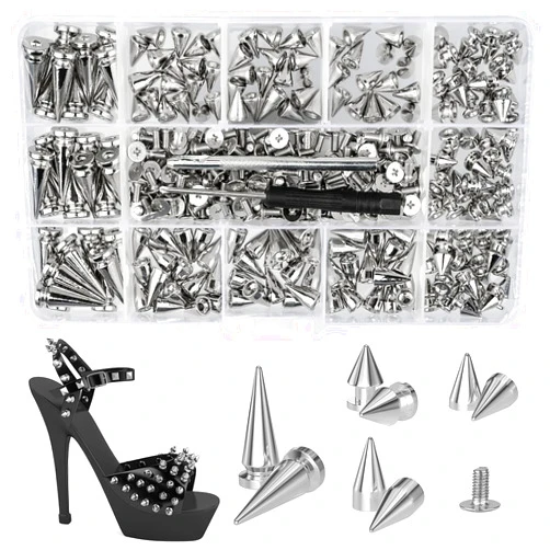 Siziviki 180 Sets Multiple Size Cone Spikes for Clothing Silver Color Screw, Studs and Spikes for DIY Leathercraft Decoration Punk Rock Style, Dog Collars Rivet for Leather Craft, Belts, Bags, Shoes (Silver)