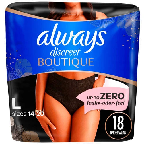 Always Discreet Boutique Incontinence and Postpartum Underwear for Women, Maximum Protection, L, Black, 18 Count (Packaging May Vary)