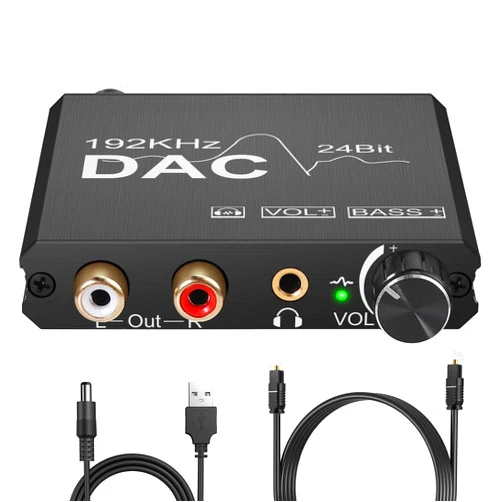 CAMWAY 192kHz Digital to Analog Audio Converter with Bass Adjustment DAC Converter Volume Control Toslink Coaxial Optical to RCA and 3.5mm Headphone Jack Anti-Interference Audio Adapter
