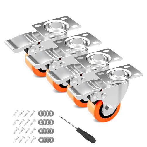 NISUSK 2 Inch Heavy Duty Swivel Plate Caster Wheels with Safety Locking Brake - Load 600lbs,Set of 4 Premium Polyurethane Casters Wheels for Furniture, Table,Cabinet, Bed,Toolbox