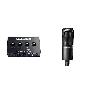 M-Audio M-Track Duo – USB Audio Interface & Audio-Technica AT2020 Cardioid Condenser Studio XLR Microphone, Ideal for Project/Home Studio Applications